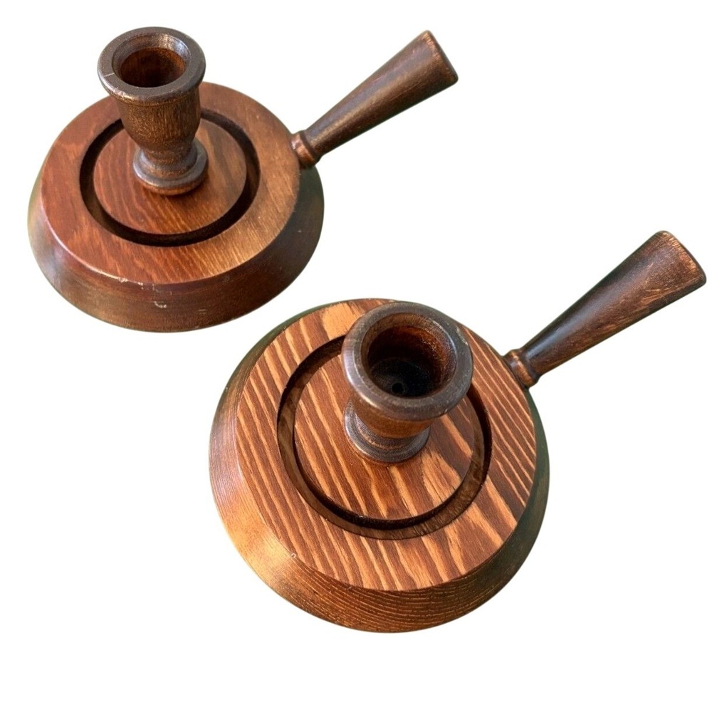 Unbranded Chamberstick Candle Holder Set Unisex OS Brown Good Wood Vintage